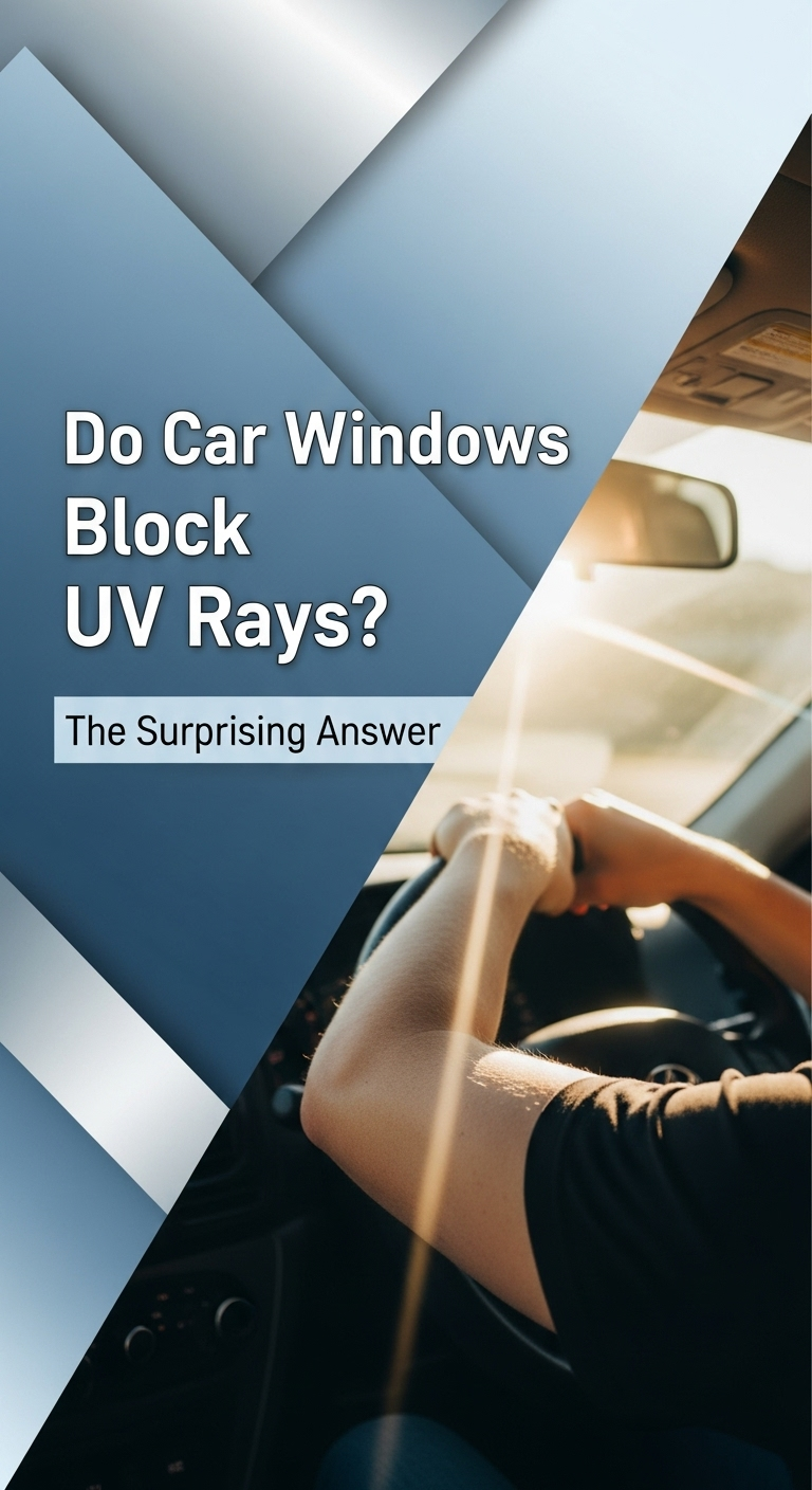 An illustration showing how different car windows block UV rays, with UVA penetrating side windows but not the windshield.