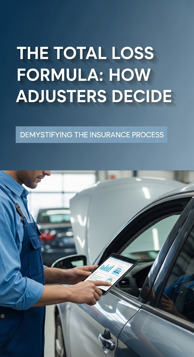 how do adjusters determine if a car is totaled showing a wrecked car and a calculator