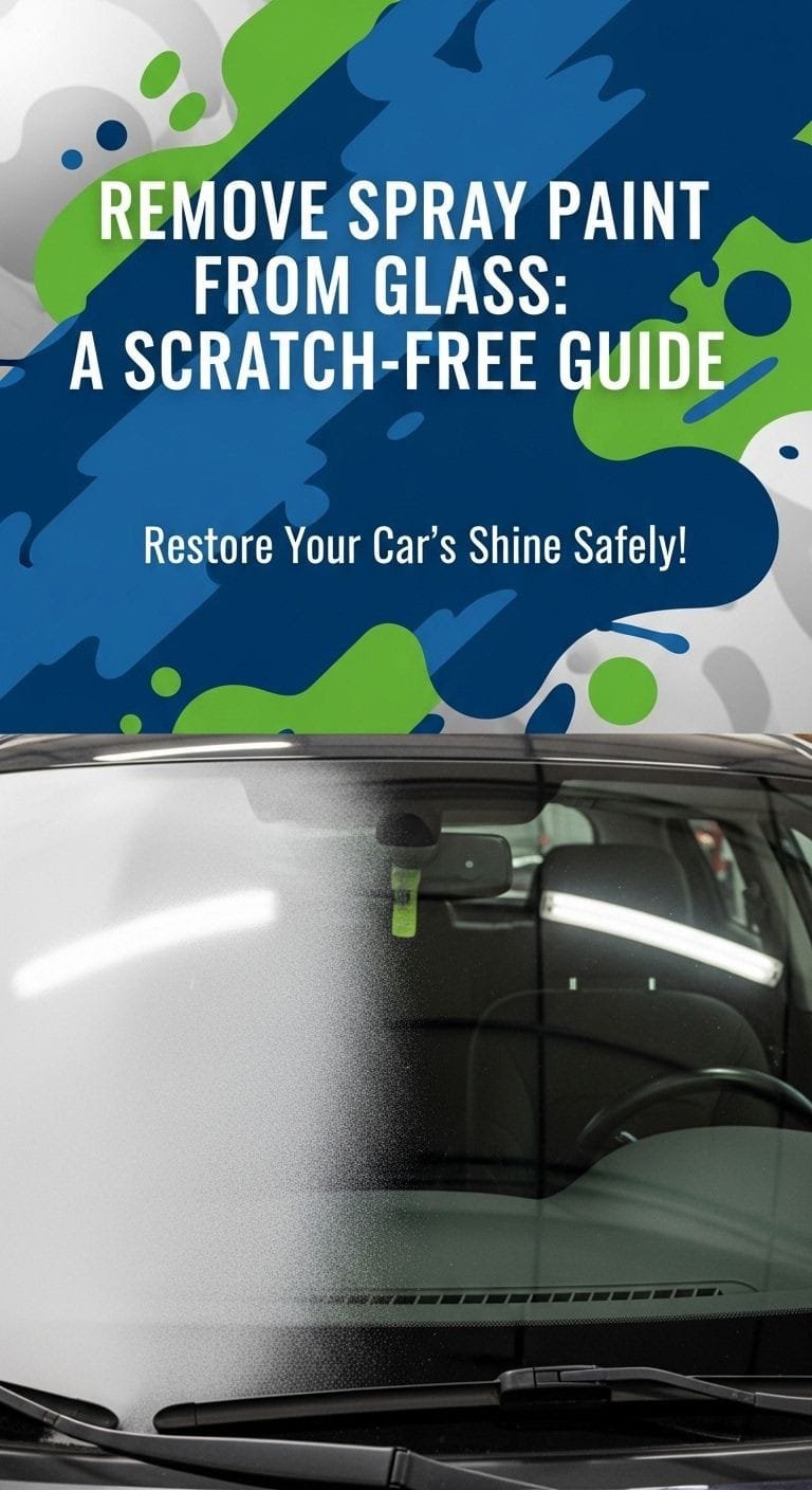 A person's hand wearing gloves carefully prepares to remove spray paint from car glass, showing safety precautions.