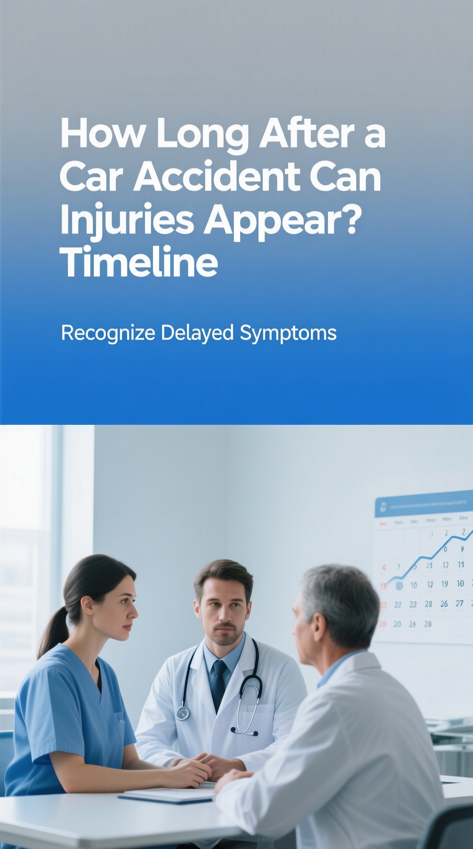 A visual timeline showing how long after a car accident can injuries appear, from immediate to weeks later.