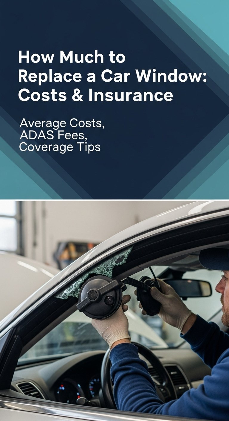 A detailed infographic showing the cost breakdown of how much to replace a car window, including factors like glass type, labor, and ADAS recalibration.