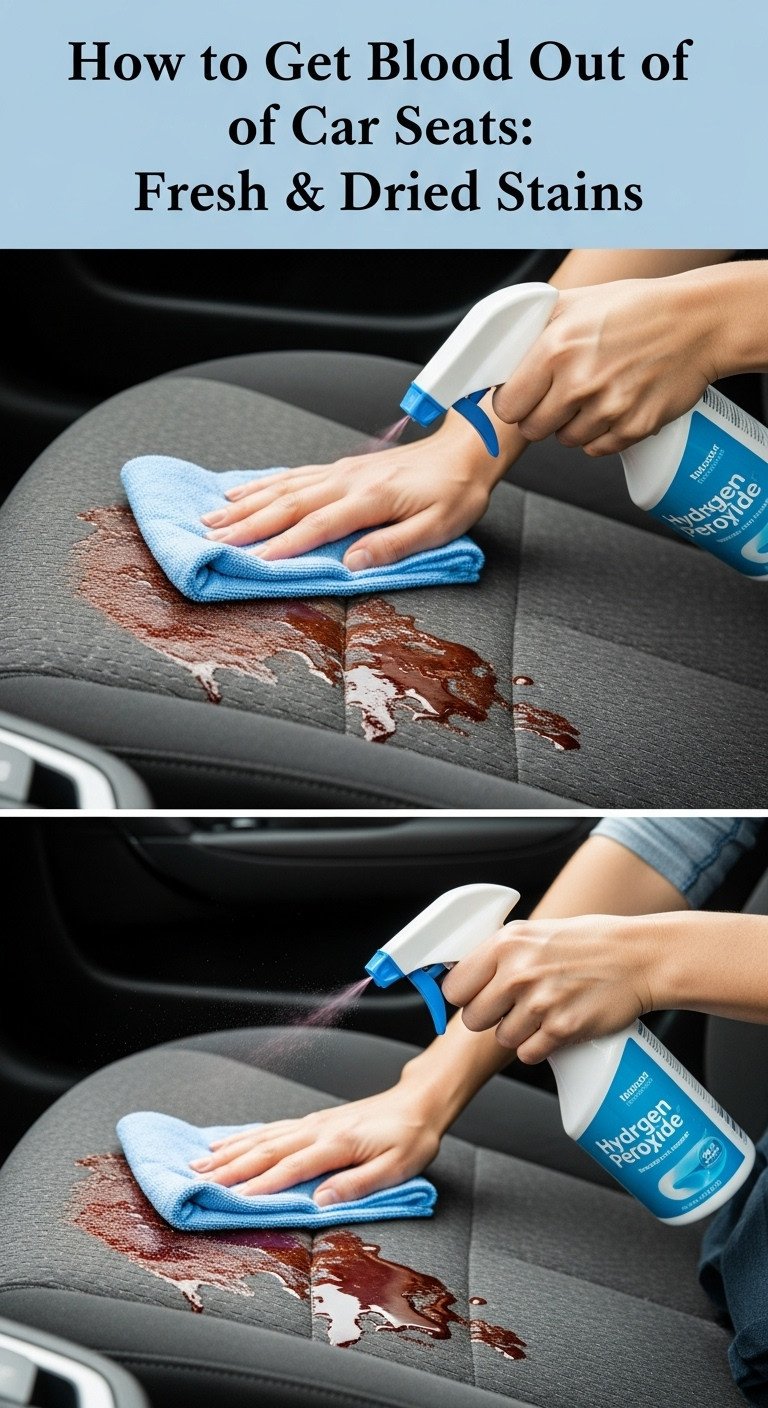 How to Get Blood Out of Car Seats: Fresh & Dried Stains 1 A person using a cloth to blot and clean a blood stain on a light gray cloth car seat, demonstrating how to get blood out of a car seat.