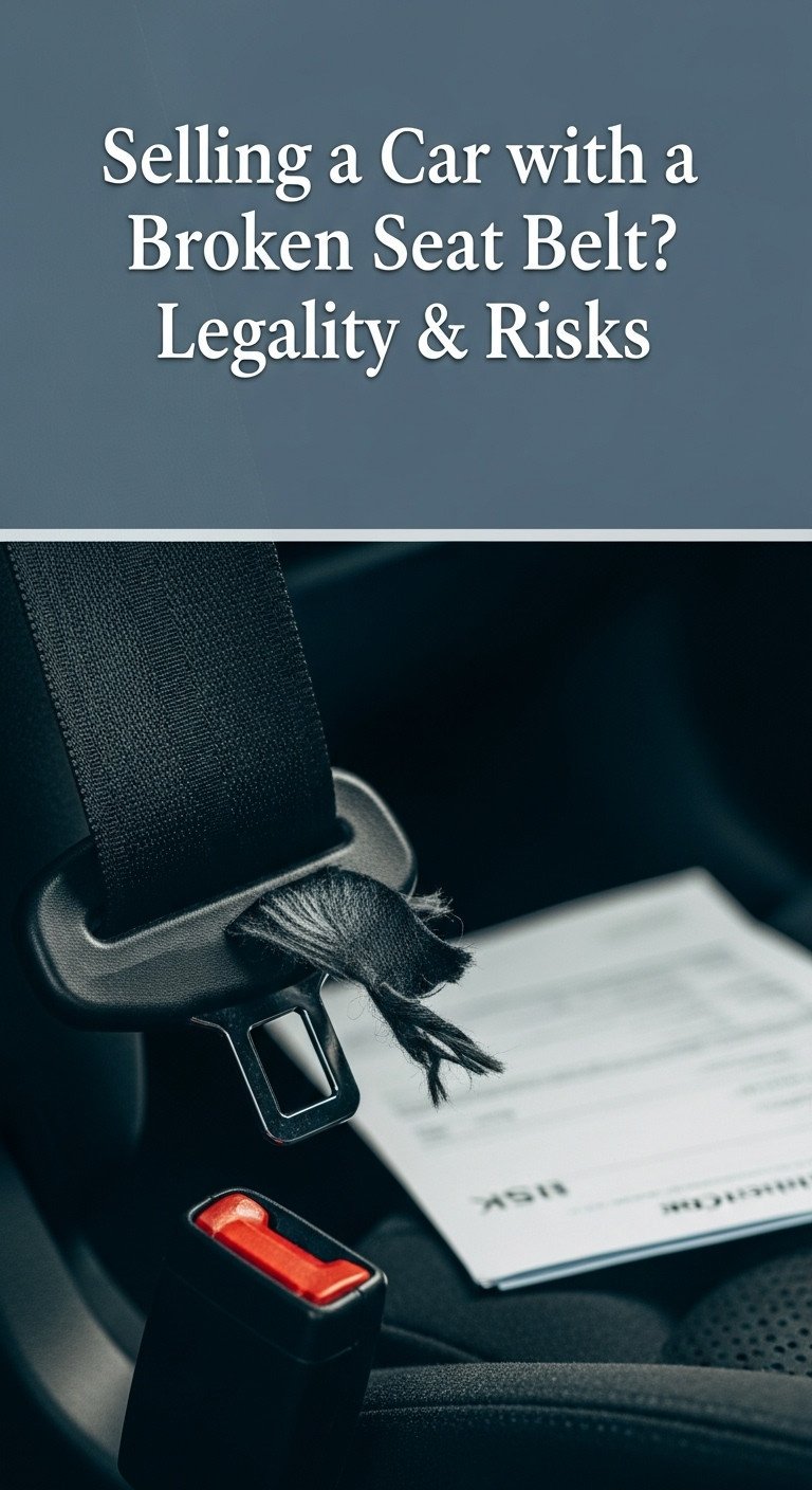 Selling a Car with a Broken Seat Belt? Legality & Risks 1 A severely frayed and damaged seat belt in a car, highlighting the safety risks of trying to sell a car with a broken seat belt