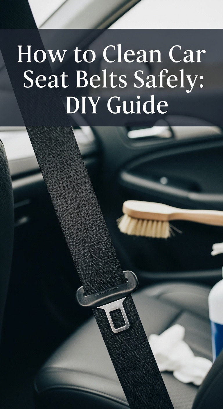 Detailed alt text including how to clean car seat belts, showing a visual representation of a safety warning sign