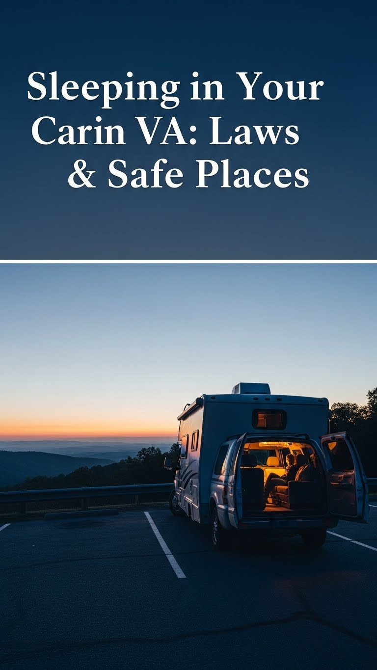 A car parked safely at a Virginia rest area at dawn, illustrating the topic of is it illegal to sleep in your car in virginia