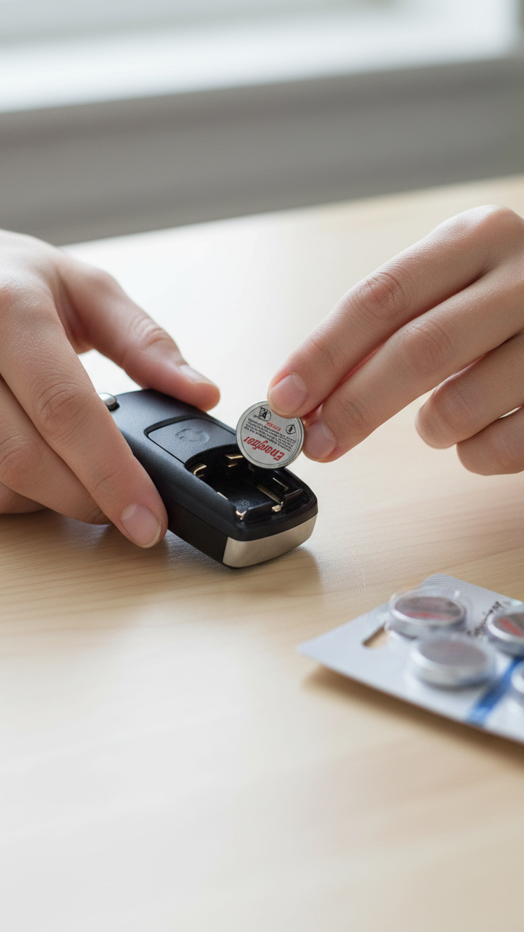An Energizer car battery installed in the engine bay of a Ford F-150, with a multimeter attached to the terminals.